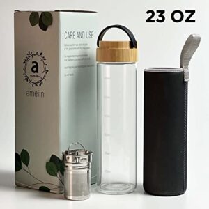 ameiin 23oz Borosilicate Glass Water Bottles with Bamboo Lid and Neoprene Sleeve for Loose Leaf Tea and Fruit Infused Water - Cold Brew Coffee Maker - Tea Infuser Bottle with Strainer - Glass Tumbler