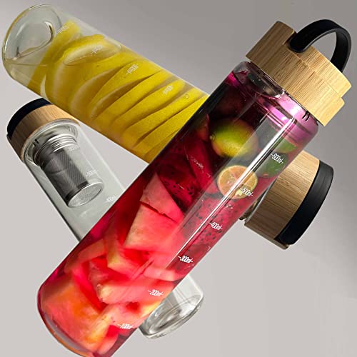 ameiin 23oz Borosilicate Glass Water Bottles with Bamboo Lid and Neoprene Sleeve for Loose Leaf Tea and Fruit Infused Water - Cold Brew Coffee Maker - Tea Infuser Bottle with Strainer - Glass Tumbler