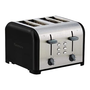 kenmore 4-slice toaster, black stainless steel, dual controls, extra wide slots, bagel and defrost functions, 9 browning levels, removable crumb trays, for bread, toast, english muffin, toaster strudel