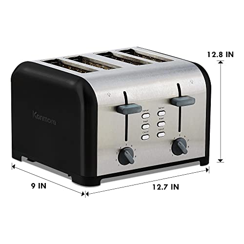 Kenmore 4-Slice Toaster, Black Stainless Steel, Dual Controls, Extra Wide Slots, Bagel and Defrost Functions, 9 Browning Levels, Removable Crumb Trays, for Bread, Toast, English Muffin, Toaster Strudel