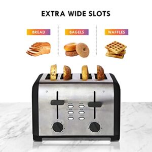 Kenmore 4-Slice Toaster, Black Stainless Steel, Dual Controls, Extra Wide Slots, Bagel and Defrost Functions, 9 Browning Levels, Removable Crumb Trays, for Bread, Toast, English Muffin, Toaster Strudel