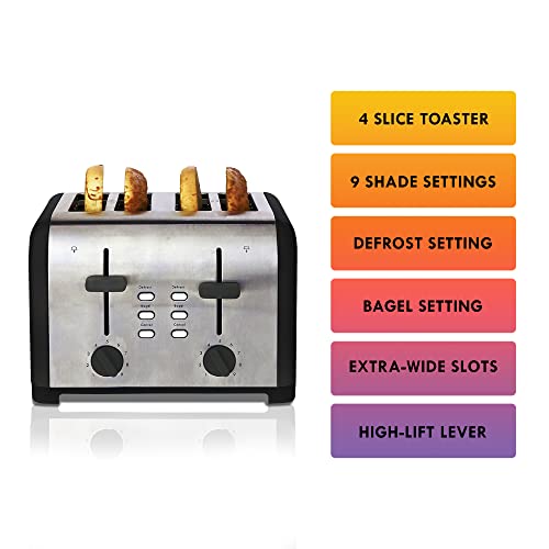 Kenmore 4-Slice Toaster, Black Stainless Steel, Dual Controls, Extra Wide Slots, Bagel and Defrost Functions, 9 Browning Levels, Removable Crumb Trays, for Bread, Toast, English Muffin, Toaster Strudel