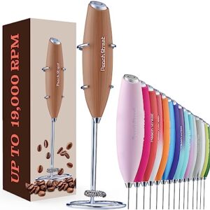 powerful handheld milk frother, mini milk foamer, battery operated (not included) stainless steel drink mixer with frother stand for coffee, lattes, cappuccino, frappe, matcha, hot chocolate. (wood)