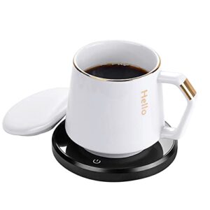 coffee mug warmer & mug set, krgmnhr smart coffee warmer for desk with auto shut off for desk home office use, pressure-activated technology, 15oz flat-bottomed ceramic mug, black set (upgrade)