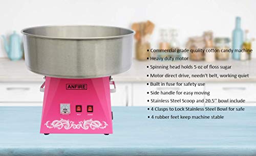 ANFIRE Commercial Electric Cotton Candy Machine Pink Candy Floss Maker for Kits or Party - Includes 10 Cones & Scoop