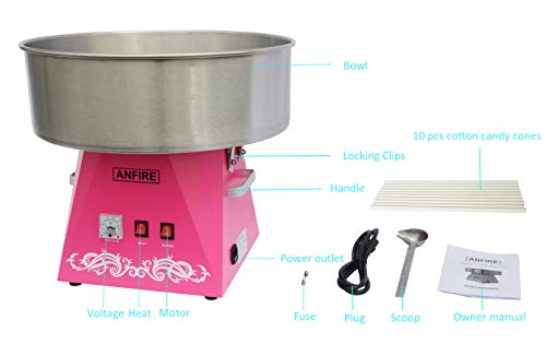 ANFIRE Commercial Electric Cotton Candy Machine Pink Candy Floss Maker for Kits or Party - Includes 10 Cones & Scoop