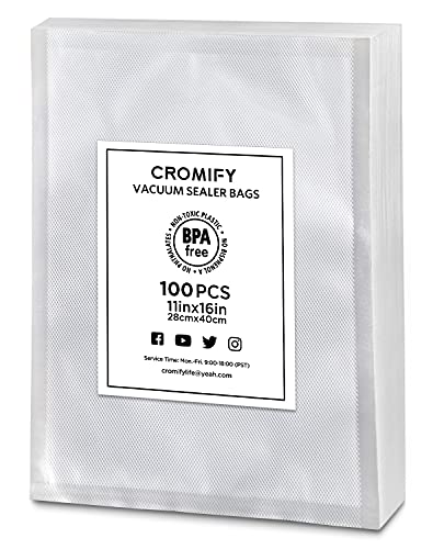 CROMIFY Vacuum Sealer Bags, 100pcs 11" x 16" Bags for Food Saver, Seal a Meal, Sous Vide, Food Preservation, BPA Free and Heavy Duty, Commercial Grade Pre-Cut Food Sealer Bags