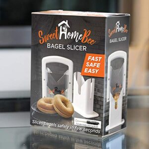 Sweet Home Bee Bagel Slicer, Stainless Steel Kitchen Guillotine Cutter with Safe Grip and Safety Shield for Bagels, Breads, Muffins, Buns, Rolls - Fast, Easy And Safe, White