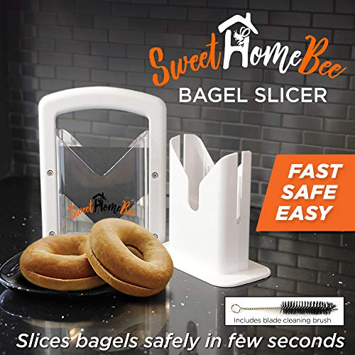 Sweet Home Bee Bagel Slicer, Stainless Steel Kitchen Guillotine Cutter with Safe Grip and Safety Shield for Bagels, Breads, Muffins, Buns, Rolls - Fast, Easy And Safe, White