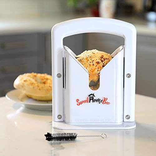 Sweet Home Bee Bagel Slicer, Stainless Steel Kitchen Guillotine Cutter with Safe Grip and Safety Shield for Bagels, Breads, Muffins, Buns, Rolls - Fast, Easy And Safe, White