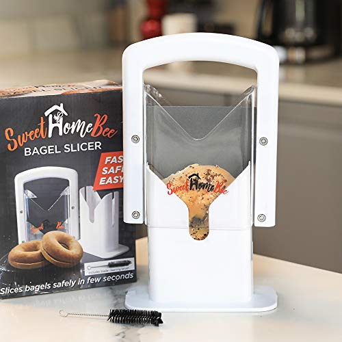 Sweet Home Bee Bagel Slicer, Stainless Steel Kitchen Guillotine Cutter with Safe Grip and Safety Shield for Bagels, Breads, Muffins, Buns, Rolls - Fast, Easy And Safe, White