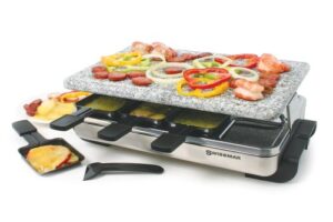 swissmar kf-77081 stelvio 8-person raclette party grill with granite stone grill top, brushed stainless steel