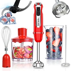 immersion hand blender, aifeel 5-in-1 stick blenderice blade,with ice crusher 500ml food grinder/chopper, 600ml container,milk frother,egg whisk,puree infant food, smoothies, sauces and soups(red)