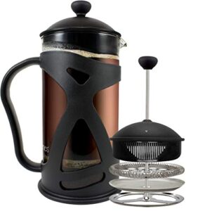 kona french press coffee press maker with reusable stainless steel filter, large comfortable handle & glass protecting durable black shell