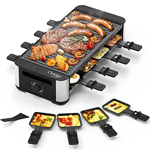 OMAIGA Raclette Table Grill, Korean BBQ Grill Raclette Grill with 8 Paddles & 8 Spatulas, Electric Indoor Grill with Reversible 2-in-1 Non-Stick Grill Plate, Temperature Control & Dishwasher Safe, 1400W