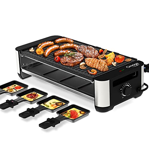 OMAIGA Raclette Table Grill, Korean BBQ Grill Raclette Grill with 8 Paddles & 8 Spatulas, Electric Indoor Grill with Reversible 2-in-1 Non-Stick Grill Plate, Temperature Control & Dishwasher Safe, 1400W