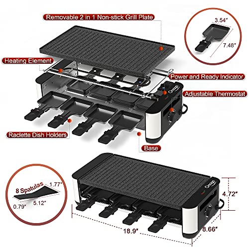 OMAIGA Raclette Table Grill, Korean BBQ Grill Raclette Grill with 8 Paddles & 8 Spatulas, Electric Indoor Grill with Reversible 2-in-1 Non-Stick Grill Plate, Temperature Control & Dishwasher Safe, 1400W