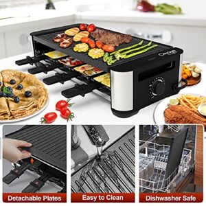 OMAIGA Raclette Table Grill, Korean BBQ Grill Raclette Grill with 8 Paddles & 8 Spatulas, Electric Indoor Grill with Reversible 2-in-1 Non-Stick Grill Plate, Temperature Control & Dishwasher Safe, 1400W