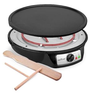 electric crepe maker & griddle -easy to clean detachable nonstick cooktop - cooks crepes bacon, tortillas & omelets - 12inch cook area with adjustable temperature - includes spatula & batter spreader