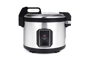 commercial stainless steel rice cooker - professional 64 cup cooked (32 cup uncooked) rice maker cooker with non stick pot & hinged lid - includes a rice measuring cup & rice scoop