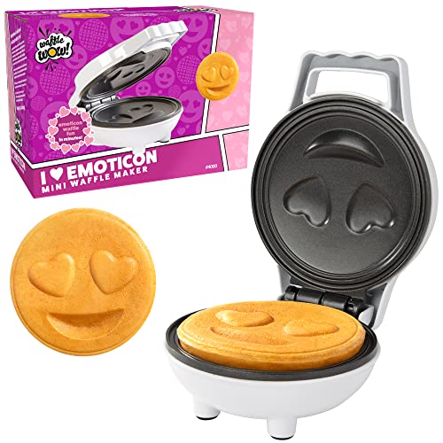 Heart Eyes Emoji Mini Waffle Maker - Make Breakfast Special for Boys & Girls w Cute Personal-Sized 4" Smiley Face Pancakes - Non-Stick, Easy to Clean, Unique Fun Gift or Summer Morning Treat for Kids