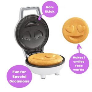 Heart Eyes Emoji Mini Waffle Maker - Make Breakfast Special for Boys & Girls w Cute Personal-Sized 4" Smiley Face Pancakes - Non-Stick, Easy to Clean, Unique Fun Gift or Summer Morning Treat for Kids