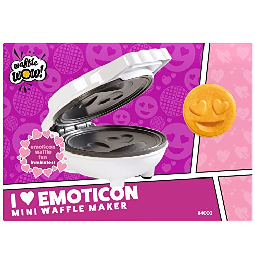 Heart Eyes Emoji Mini Waffle Maker - Make Breakfast Special for Boys & Girls w Cute Personal-Sized 4" Smiley Face Pancakes - Non-Stick, Easy to Clean, Unique Fun Gift or Summer Morning Treat for Kids