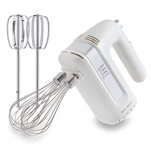 electric hand mixer, handheld mixers for kitchen, with beaters and whisk attachments for cooking and baking, lightweight handmixer labeled "bake" by rae dunn (cream)