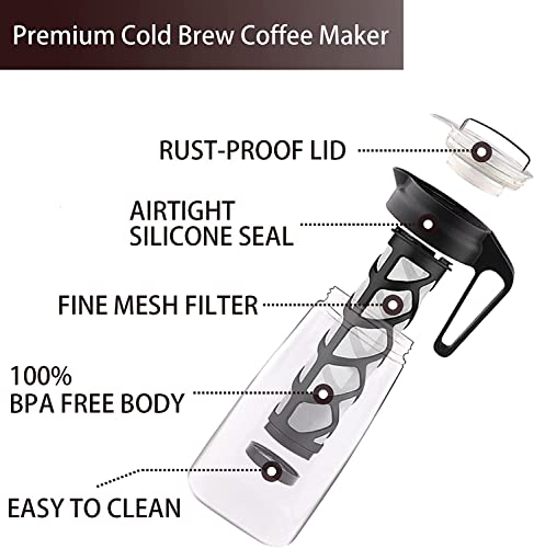 MKTMBT Cold Brew Coffee Maker with Cleaning Brush, Iced Coffee Maker Tea Brewer Leak-Proof with Removable Mesh Filter for Iced Coffee Cold Brew Tea, 2QT