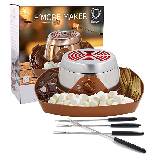 ULTICOR Electric Flameless Stainless Steel Marshmallow S'mores Maker, with 4 Compartment Tray, and 4 Roasting Forks, Indoor Safe, for Parties and Fun Times, Safe for Kids with Adult Supervision