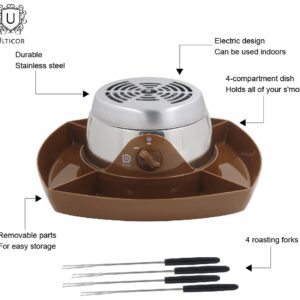 ULTICOR Electric Flameless Stainless Steel Marshmallow S'mores Maker, with 4 Compartment Tray, and 4 Roasting Forks, Indoor Safe, for Parties and Fun Times, Safe for Kids with Adult Supervision