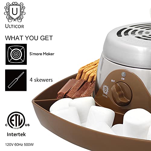 ULTICOR Electric Flameless Stainless Steel Marshmallow S'mores Maker, with 4 Compartment Tray, and 4 Roasting Forks, Indoor Safe, for Parties and Fun Times, Safe for Kids with Adult Supervision