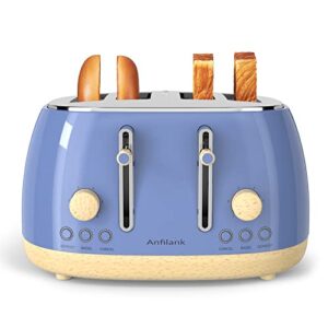 anfilank toaster 4 slice,retro stainless steel toaster with extra wide slots cancel, bagel, defrost function, dual independent control panel, removable crumb tray, 6 shade settings and high lift lever, blue, large size