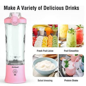 Modquen Portable Blender, 20 oz Personal Size Blender for Shakes and Smoothies, 240 Watt BPA-Free Mini Blender Cup, USB Rechargeable Cordless Blenders (Pink)