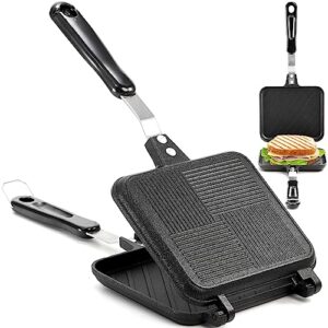 elsjoy non-stick hot sandwich panini maker with handle, aluminum double sided frying pan detachable grilled sandwich flip pan, stovetop toasted sandwich maker pan for home, kitchen, breakfast