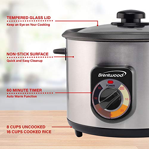 BRENTWOOD Crunchy Persian Rice Cooker, Stainless Steel (8-Cup Uncooked/16-Cup Cooke), silver (TS-1216S)