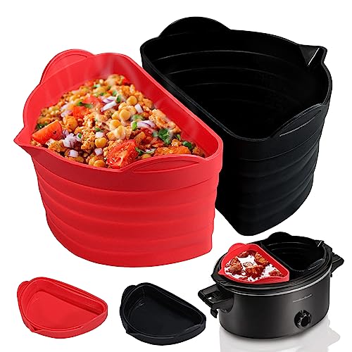 LARMAZEN Slow Cooker Divider Liner fit 6 QT Crockpots & Hamilton, Silicone Crock Pot Cooking Liners Inserts, Reusable/Leakproof/Dishwasher Safe/BPA Free, Black+Red