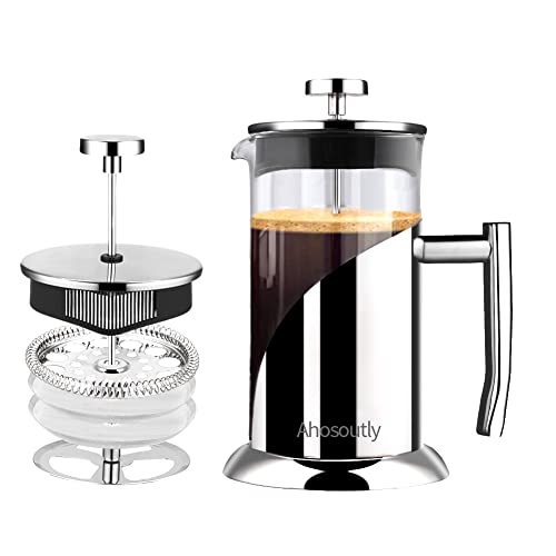 AHOSOUTLY French Press Coffee Maker,304 Stainless Steel French Press Espresso with 4 Level Filter,Stainless Steel Plunger and Cold Brew Heat Resistant Borosilicate Glass,34 Ounce