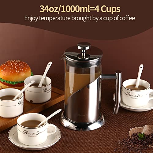 AHOSOUTLY French Press Coffee Maker,304 Stainless Steel French Press Espresso with 4 Level Filter,Stainless Steel Plunger and Cold Brew Heat Resistant Borosilicate Glass,34 Ounce