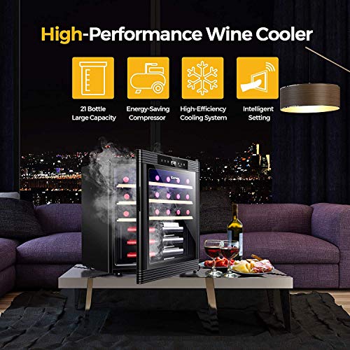 Nightcore Wine Cooler, 24 Inch Wine Fridge for 21 Bottles, Freestanding Wine Refrigerator with Digital Temperature Display, Wooden Shelves, Glass Door, Built-in LED Light