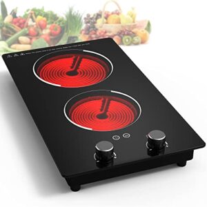 electric cooktop,110v 2100w electric stove top with knob control, 10 power levels, kids lock & timer, hot surface indicator, overheat protection,built-in radiant double induction cooktop