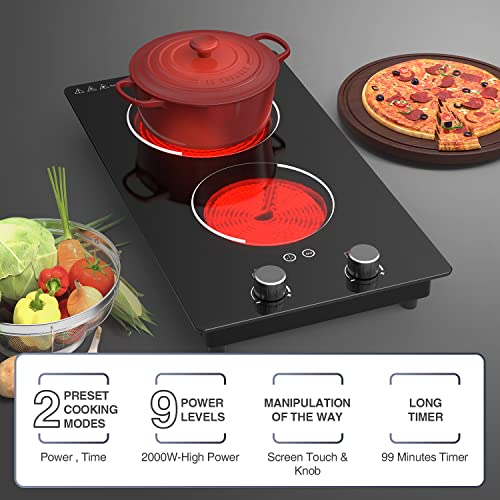 Electric Cooktop,110V 2100W Electric Stove Top with Knob Control, 10 Power Levels, Kids Lock & Timer, Hot Surface Indicator, Overheat Protection,Built-in Radiant Double induction cooktop