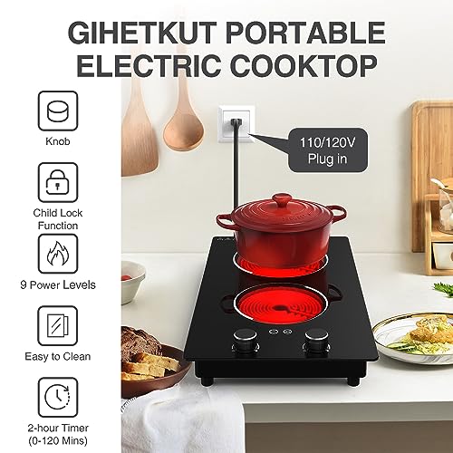 Electric Cooktop,110V 2100W Electric Stove Top with Knob Control, 10 Power Levels, Kids Lock & Timer, Hot Surface Indicator, Overheat Protection,Built-in Radiant Double induction cooktop