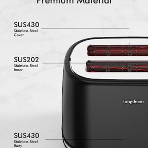 Longdeem 2-Slice Toaster, Extra Wide Slots, 6 Browning Options With Lift and Look, Auto Shut-Off & Frozen Function for Toasting Fruit Bread, Bagels & Waffles, Removable Crumb Tray, Matte Black