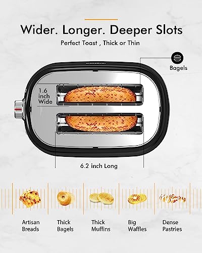 Longdeem 2-Slice Toaster, Extra Wide Slots, 6 Browning Options With Lift and Look, Auto Shut-Off & Frozen Function for Toasting Fruit Bread, Bagels & Waffles, Removable Crumb Tray, Matte Black