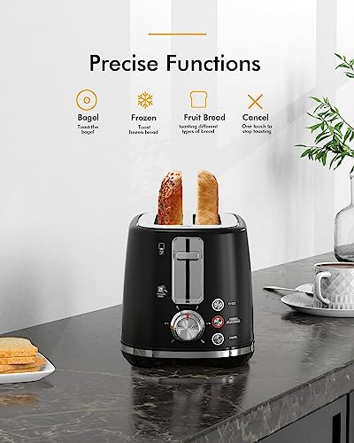 Longdeem 2-Slice Toaster, Extra Wide Slots, 6 Browning Options With Lift and Look, Auto Shut-Off & Frozen Function for Toasting Fruit Bread, Bagels & Waffles, Removable Crumb Tray, Matte Black