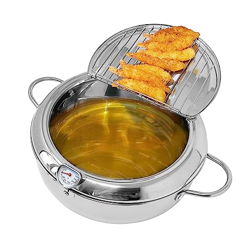 Saltlas Deep Fryer Pot (°F), 11"/4.4Qt (4.2 L) Extra Large Tempura Frying Pot with Lid, 304 Stainless Steel Fry Pot with Fahrenheit Temperature Control and Oil Drip Drain Rack