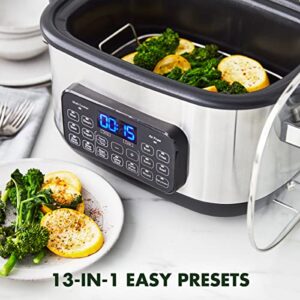 GreenPan Stainless Steel 13-in-1 Air Fryer Slow Cooker & Grill, Presets to Steam Saute Broil Bake and Cook Rice, Healthy Ceramic Nonstick and Dishwasher Safe Parts, Easy-to-use LED Display