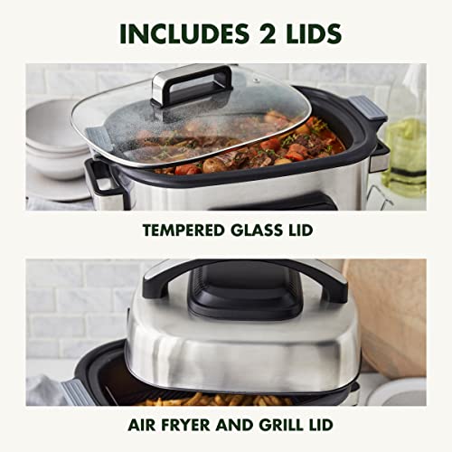 GreenPan Stainless Steel 13-in-1 Air Fryer Slow Cooker & Grill, Presets to Steam Saute Broil Bake and Cook Rice, Healthy Ceramic Nonstick and Dishwasher Safe Parts, Easy-to-use LED Display