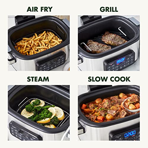 GreenPan Stainless Steel 13-in-1 Air Fryer Slow Cooker & Grill, Presets to Steam Saute Broil Bake and Cook Rice, Healthy Ceramic Nonstick and Dishwasher Safe Parts, Easy-to-use LED Display